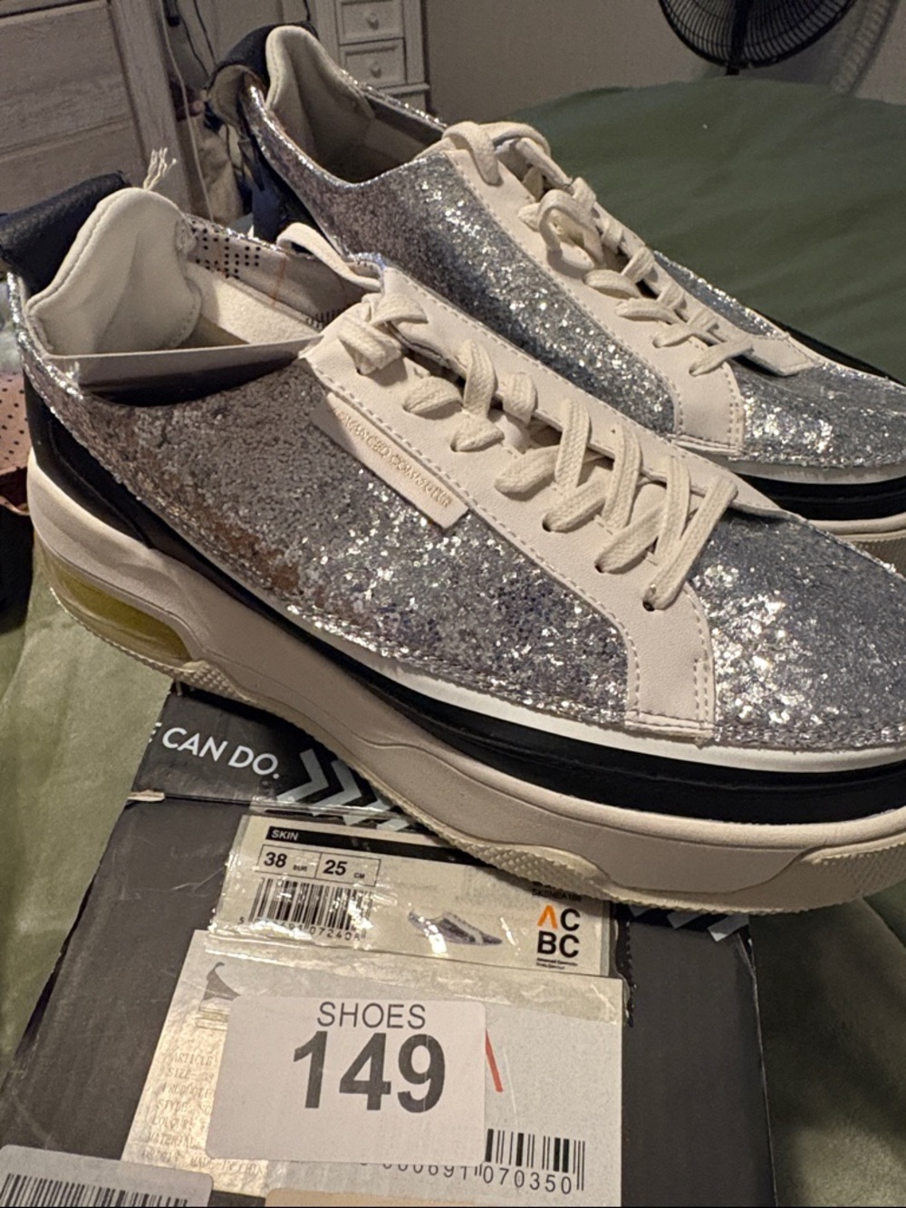 Glitter Platform Lace-Up Sneakers in Silver and Cream